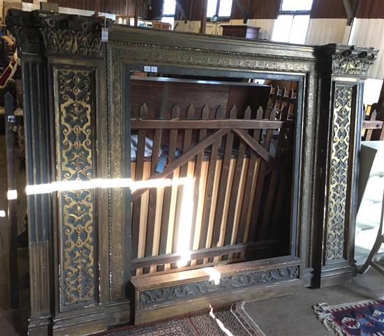 A large scale late 19th century Renaissance style giltwood and painted carved wood frame, W.8ft 5in(-)